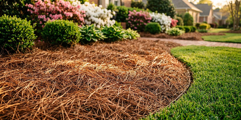 Lawn with mulched area and flowering bushes in a residential garden