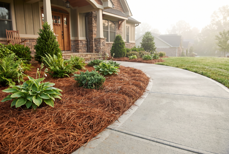 The same walkway bed freshly dressed in pine straw (AI visualization)