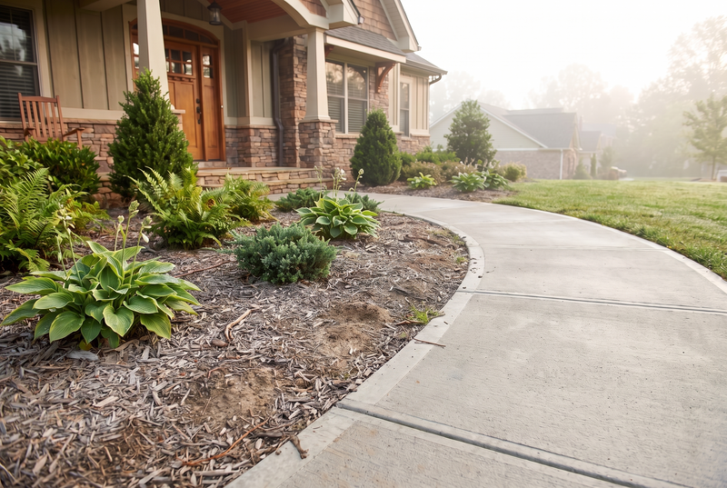 Front walkway bed with faded wood mulch and bare dirt (AI visualization)