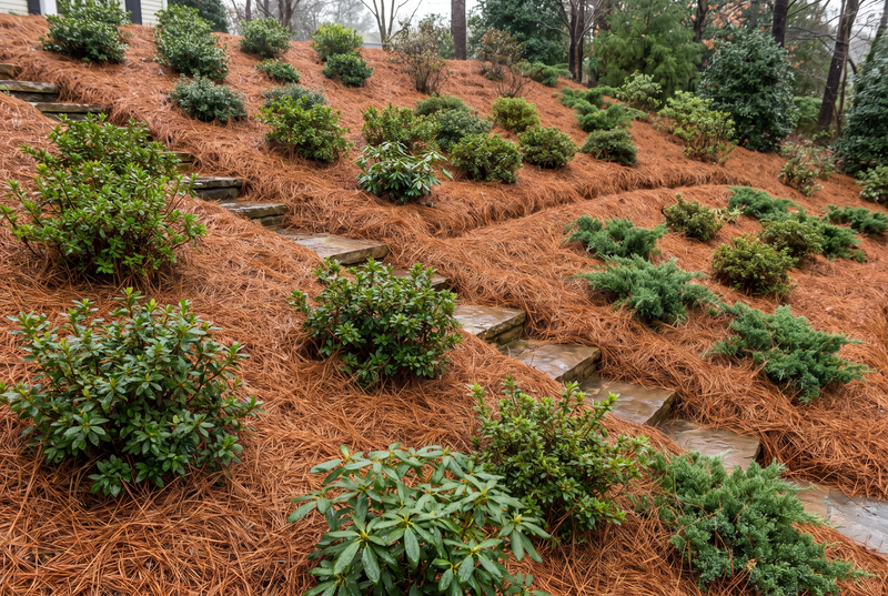 The same slope held firm under an interlocked pine straw mat (AI visualization)