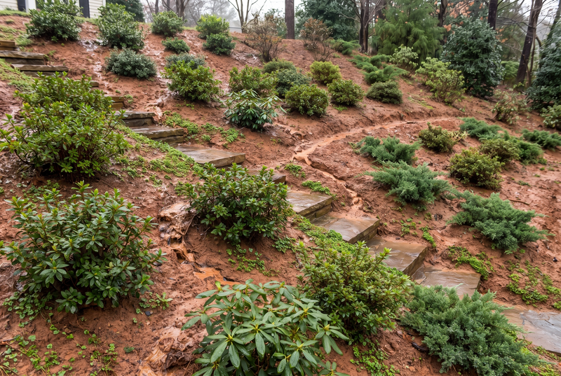 Bare eroding slope with rain rills (AI visualization)