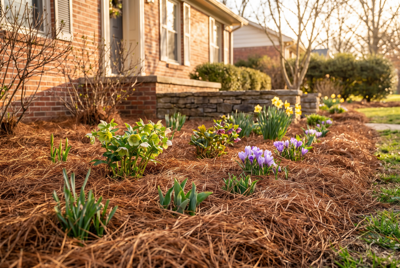 The same bed weed-free under pine straw with flowers emerging (AI visualization)