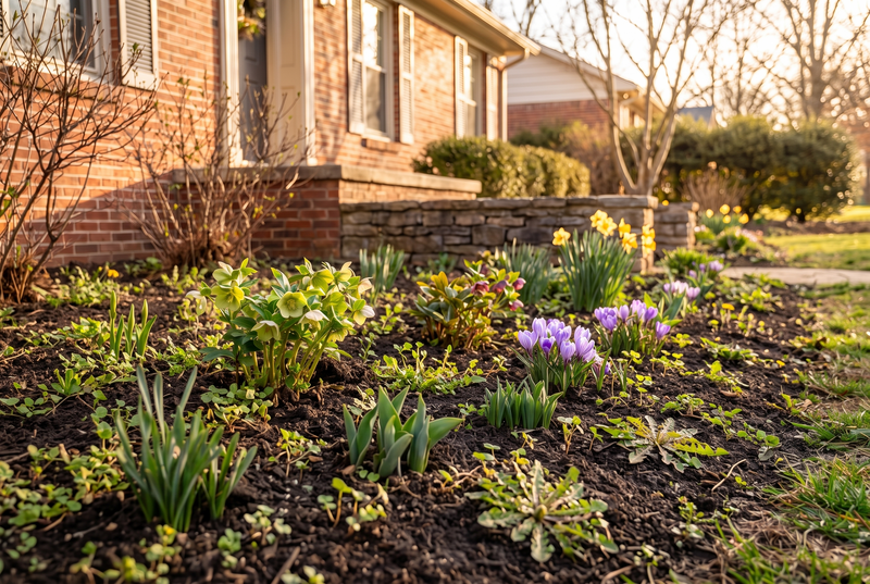 Foundation bed with bare soil and spring weeds (AI visualization)