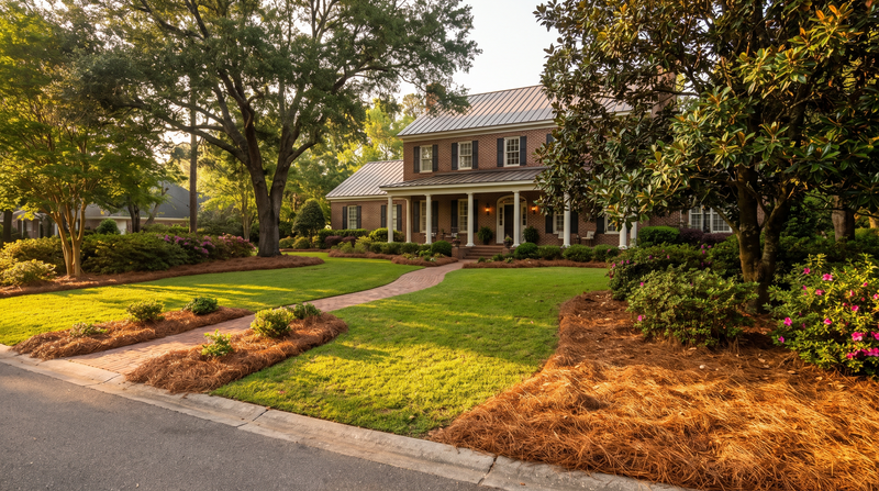 Residential front yard with pine straw in every bed at golden hour (AI visualization)