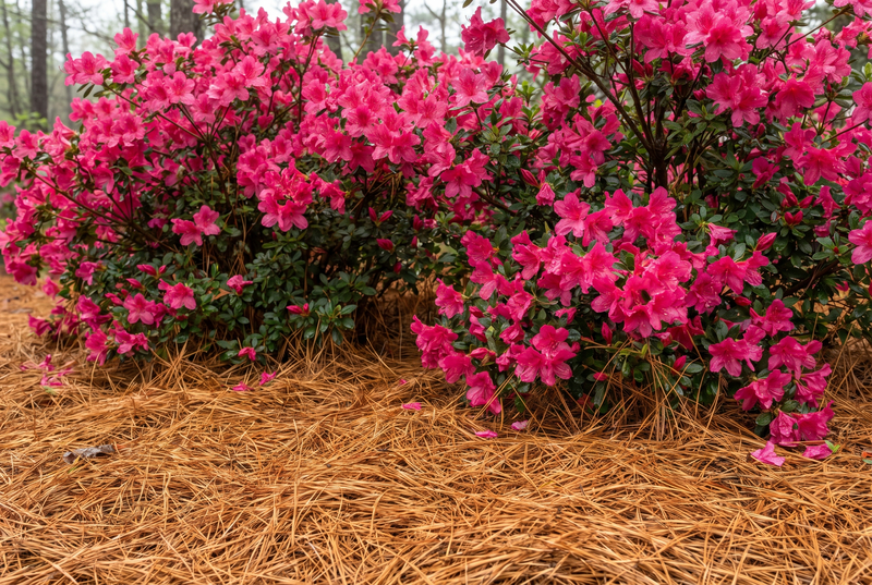 Azaleas in full bloom above a pine straw mat (AI visualization)
