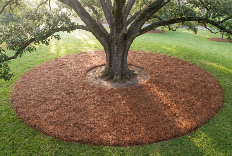 Mature oak with a pine straw ring and clear trunk clearance (AI visualization)