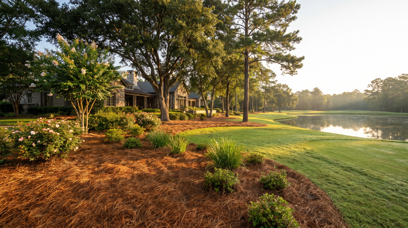 Resort grounds with pine straw throughout the landscaping (AI visualization)