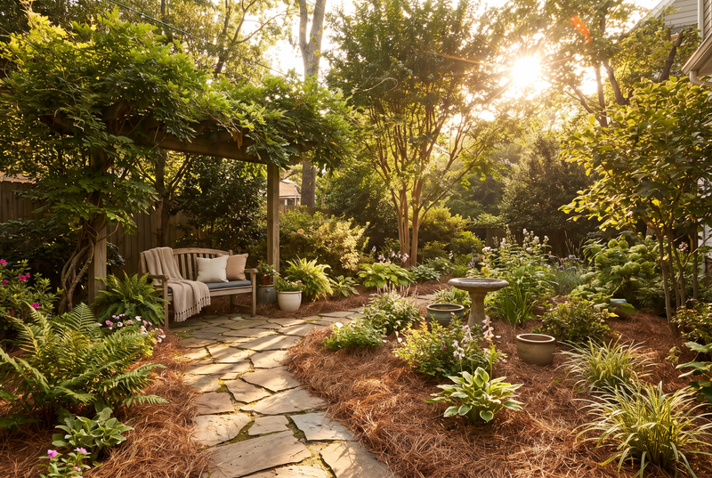 Backyard garden sanctuary with pine straw beds in late-afternoon light (AI visualization)