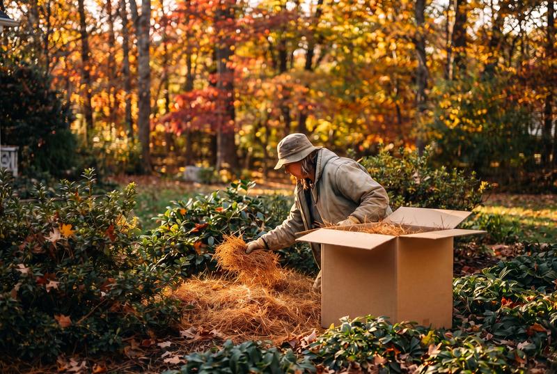 Spreading fresh pine straw in fall with autumn foliage behind (AI visualization)