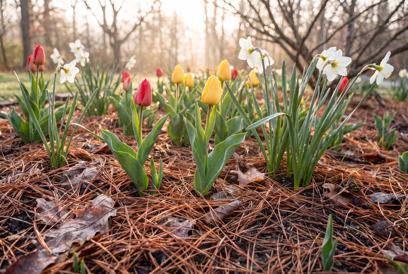 Tulips and daffodils emerging through pine straw in spring (AI visualization)