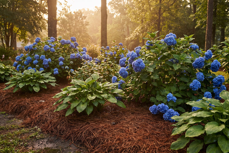 Lush summer garden with hydrangeas and hostas over pine straw (AI visualization)