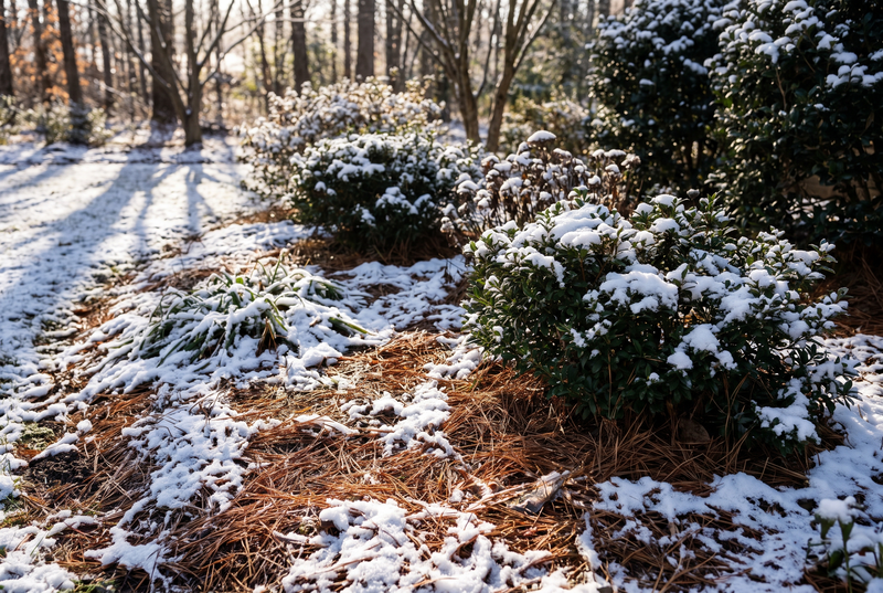 Pine straw showing through a light dusting of snow (AI visualization)